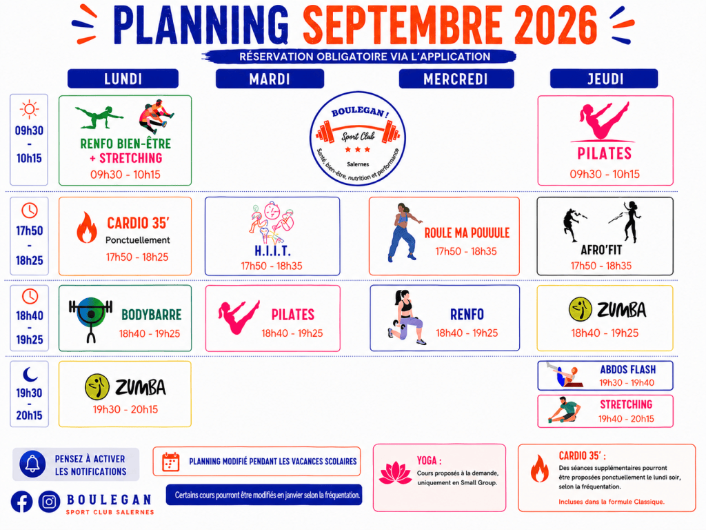 Planning hebdomadaire des cours collectifs Boulegan Sport Club à Salernes